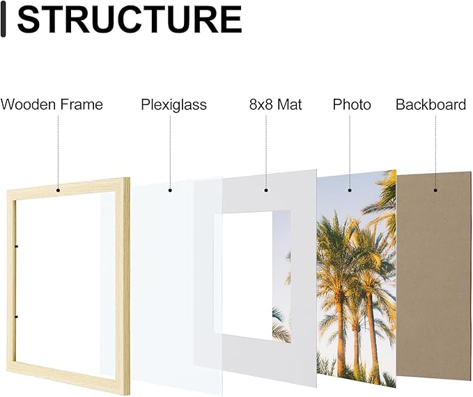 Vittanly 12x12 Picture Frames Set of 9, Shatter Resistant Plexiglass, Display 8x8 Pictures with Mat or 12x12 without Mat, Photo Frames for Wall Mount, Engineered Wood, OAK-Ruum Studio Home