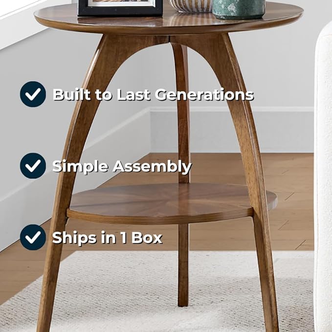 Martin Svensson Home Round Wood Walnut Brown 20" Living Room End Side Accent Table Nightstand with Storage Shelf-Ruum Studio Home