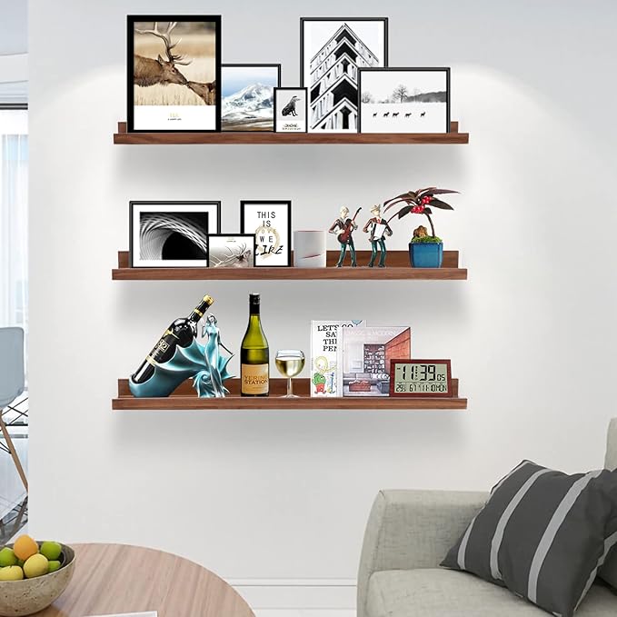 AZSKY Floating Photo Shelves Fair Light Walnut 24 Inch Picture Ledge for Storage Wall Book Shelves Hanging Picture Photo Frame Ledge Shelves with Lip a Set of 3 Same Sizes Kitchen Spice Rack-Ruum Studio Home