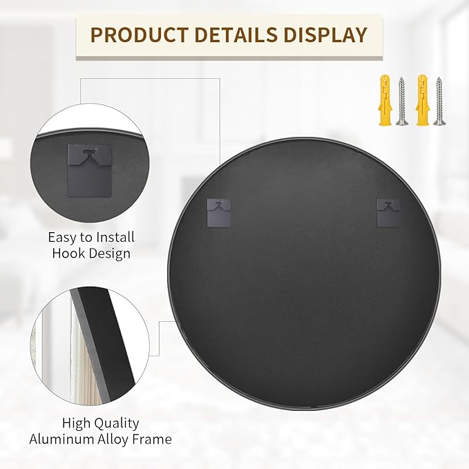 BEAUTYPEAK 40 Inch Round Mirror, Metal Frame Circle Mirror, Wall Mounted for Entryway, Bathroom, Vanity, Living Room, Black-Ruum Studio Home