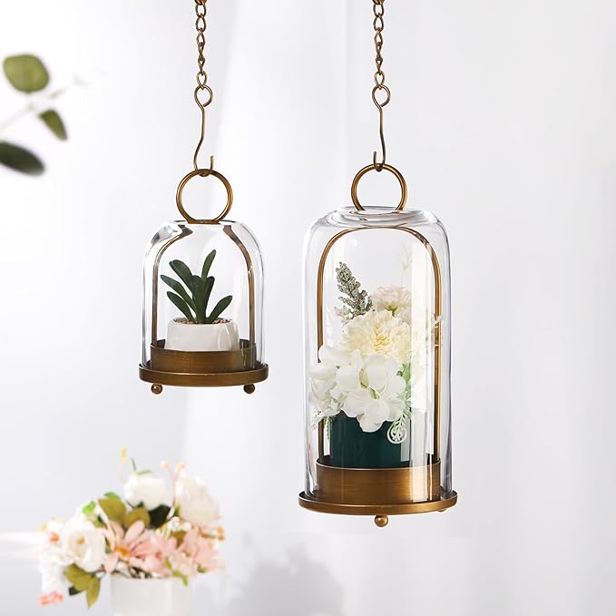 12" High Versatile Modern Metal Hurricane Lantern with Handmade Sturdy Glass Dome for 3" Pillar Candle & Plants (Brass, 5"x12")-Ruum Studio Home