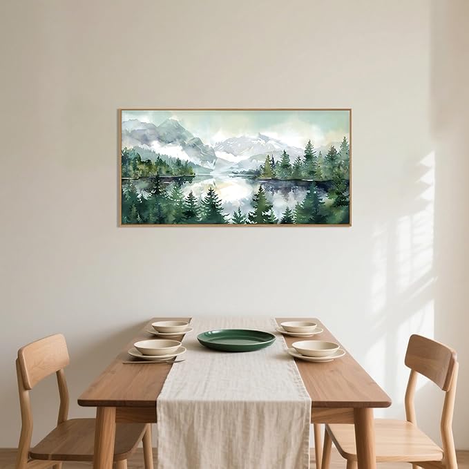 Celestdeco Watercolor Mountain Framed Canvas Wall Art Set, Boho Forest Wall Decor, Nature Green Pines Wall Painting, Forest Wilderness Artwork for Living Room, Bedroom, Dining Room, Office - 20"x40"x1-Ruum Studio Home