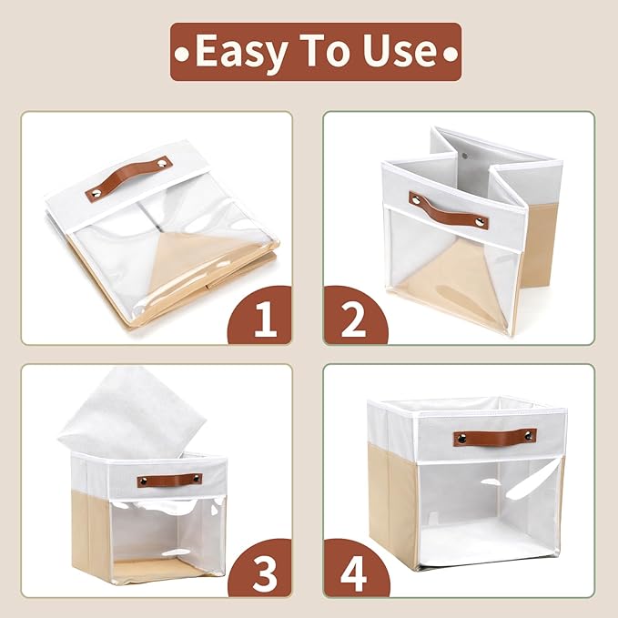 HNZIGE Fabirc Storage Cube Bins 13x13x15 Storage Cube Bins, 4 Pack Foldable Decorative Clear Cube Storage Bins for Cube Organizer Canvas Cubby Storage Organizer Bins for Shelves Pantry- White Beige-Ruum Studio Home