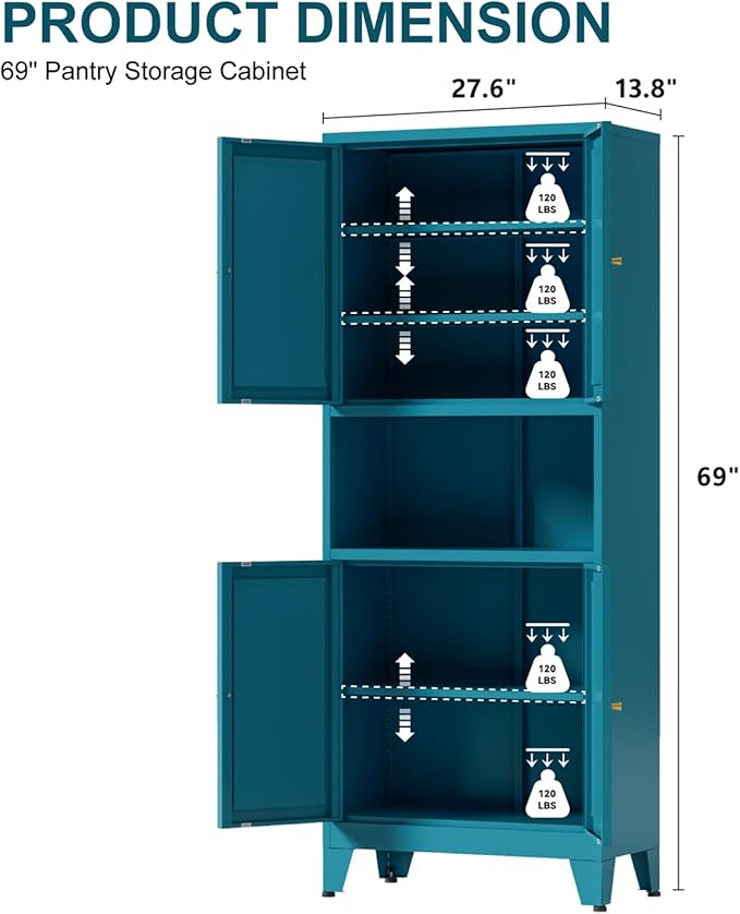 69" Tall Kitchen Pantry Cabinet, Metal Storage Cabinet with 4 Doors and Adjustbale Shelves, Freestanding Cupboards for Dining Room, Living Room, Bathroom-Ruum Studio Home