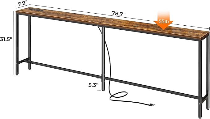 SUPERJARE 78.7 Inch Console Table with Outlet, Sofa Table with Charging Station, Narrow Hallway Entryway Table, Behind Couch Table, for Living Room, Rustic Brown-Ruum Studio Home