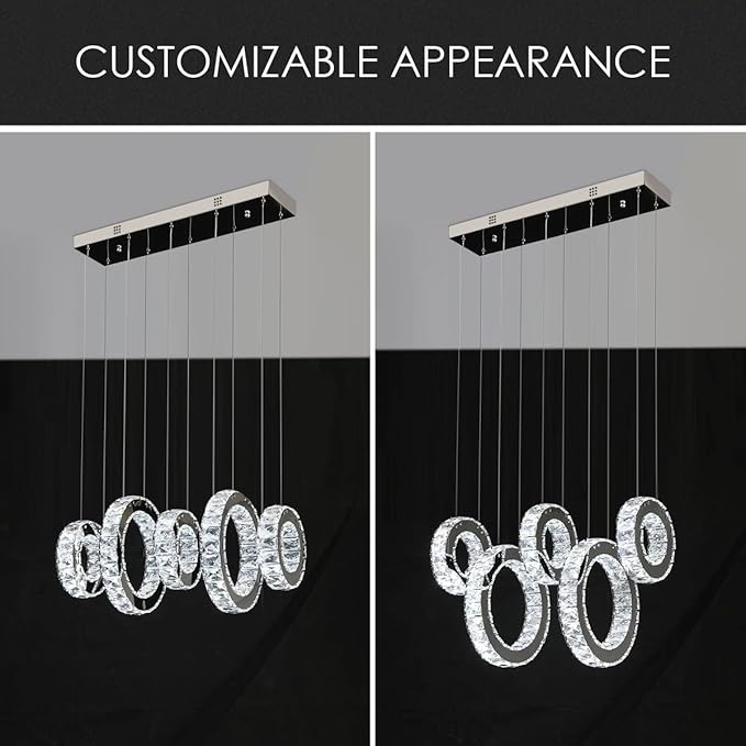 Buccleuch Modern Crystal Chandelier, Dimmable LED Ceiling Light Fixture 5-Ring Adjustable Stainless Steel Pendant Light, Silver Crystal Chandeliers for Dining Room, Bedroom, Living Room - Cool White-Ruum Studio Home