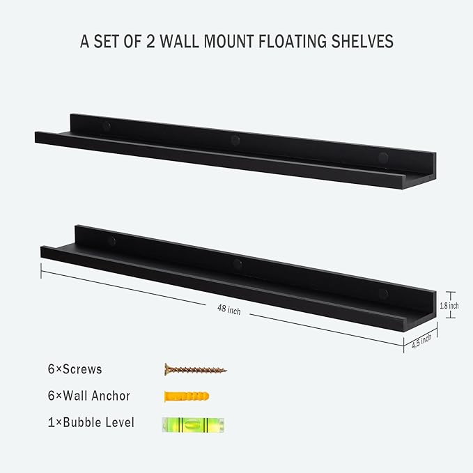 AZSKY Picture Ledge Shelf, Floating Shelves Set of 2, 48 Inches Picture Shelves for Wall with Ledge, Long Shelf Wall Mounted for Living Room Bedroom Decor Books Photo Frames - Black-Ruum Studio Home