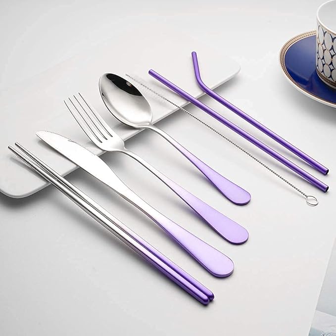 Travel Utensils Set with Case Reusable Portable Cutlery Set Stainless Steel 8pcs Including Dinner Knife Fork Spoon Chopsticks straws (Gradient Purple)-Ruum Studio Home