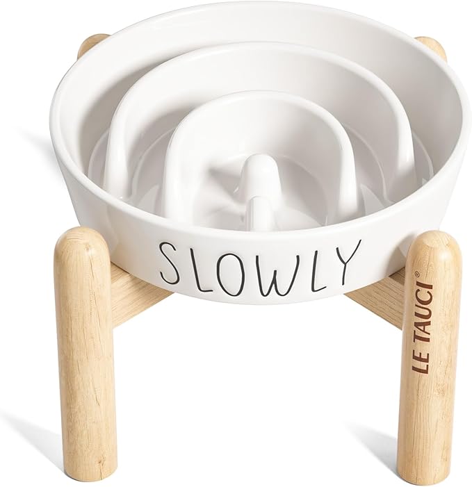 Ceramic Elevated Slow Feeder Dog Bowl - 0.6 Cup Puzzle Feeder with Wooden Stand for Small Breeds, White Pet Dish-Ruum Studio Home