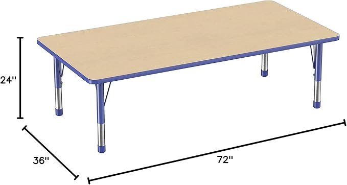 FDP Rectangle Activity School and Classroom Kids Table (36 x 72 inch), Toddler Legs, Adjustable Height 15-24 inches - Maple Top and Blue Edge-Ruum Studio Home