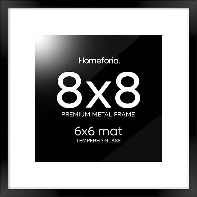 Homeforia 8x8 Black Picture Frame, High End Metal 8 x 8 Square Photo Frames with Mat 6 by 6, 8x8 Poster Frame Matted to 6x6 inch Print, 8by8 Wall or Tabletop Frames, Tempered Glass, Wall Kit, Set of 1-Ruum Studio Home