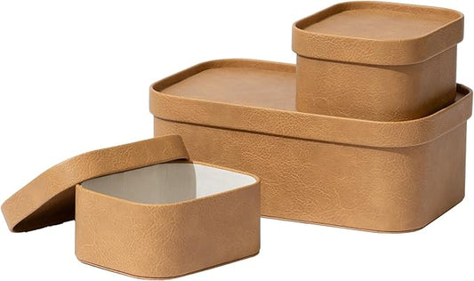 La Jolie Maison Vegan Leather Storage Boxes with Lids, Set of 3 Decorative Storage Containers Organize Stackable Storage Box, Camel-Ruum Studio Home