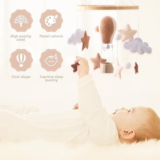 Baby Mobile for Crib, Baby Crib Mobile for Boys Girls, Baby Mobile for Bassinet, Boho Nursery Mobile, Nursery Decor Theme for Infant Bedroom Hanging, Gender Neutral Baby Gift (Hot Air Balloon)-Ruum Studio Home