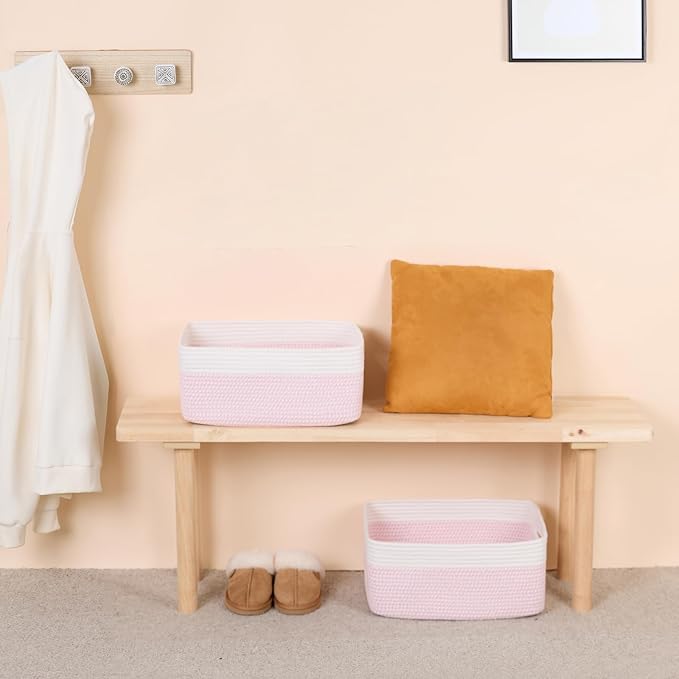 Large Storage Baskets for Shelves, Closet Organizers Bins for Clothes Blanket Towels, Baby Nursery, Toy Baskets Box, Woven Rope Baskets, 17 x 13 x 7.5”, 2 Packs Woven Pink-Ruum Studio Home