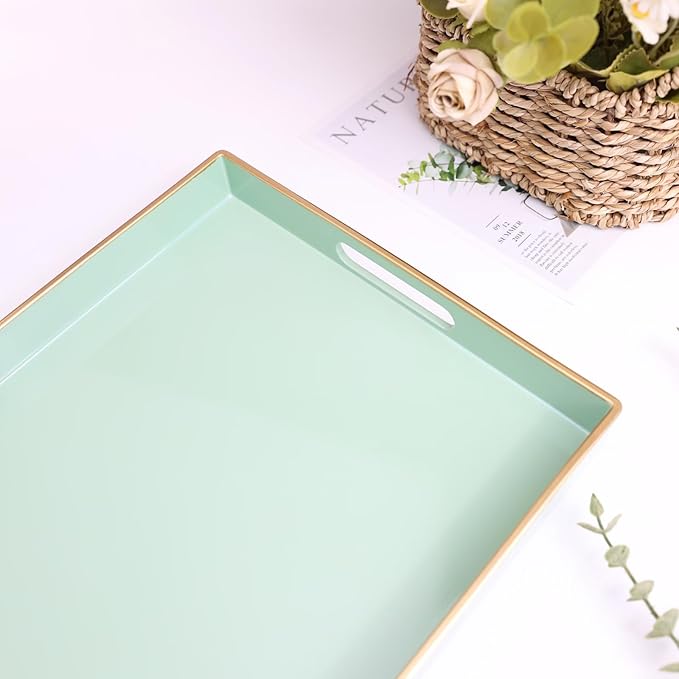 Spsyrine Green Decorative Serving Tray with Handles, Elegant Plastic Coffee Table Tray for Ottoman, Living Room, Home Decor 15.6" X 10.2"-Ruum Studio Home