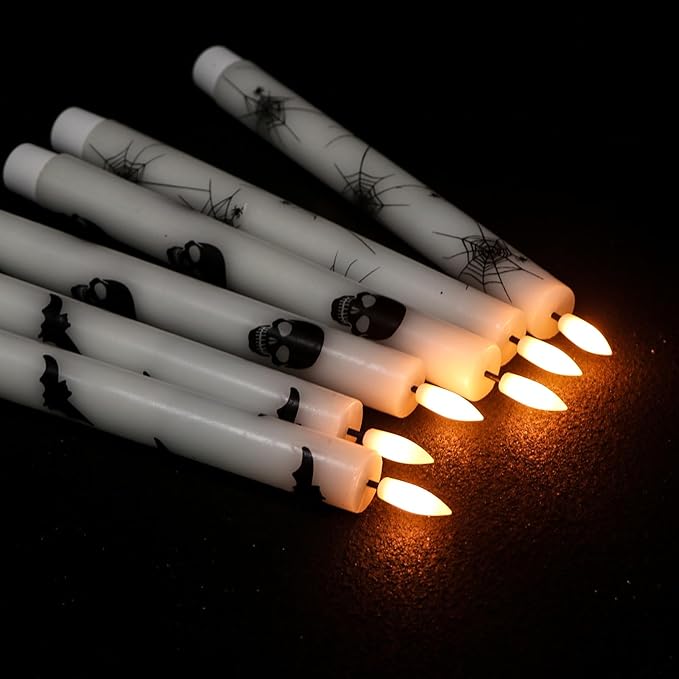 GenSwin Flameless Taper Candles with Remote Timer, 6Pcs LED Flickering Taper Candles Battery Operated Real Wax with Spider Webs/Skull/Bats Decals for Halloween Spooky Decoration (White, 0.78”x9.65”)-Ruum Studio Home