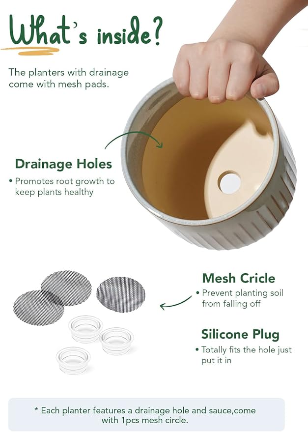 LE TAUCI Fluted Ceramic Planters Set of 3 – 8.3/7 / 5.7 in Star White Reactive Cylinder Indoor Plant Pots with Drainage Plug & Mesh, Glossy Stoneware Flower Pots for Succulents Herbs-Ruum Studio Home