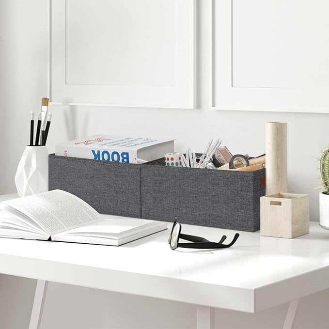 GhvyenntteS Small Fabric Storage Bins 6 Pack, 11.8" x 7.87" x 5.11" Storage Basket with Leather Handles, Closet Storage Bins for Shelves, Storage Baskets for Shelves, DVD Storage (Grey)-Ruum Studio Home