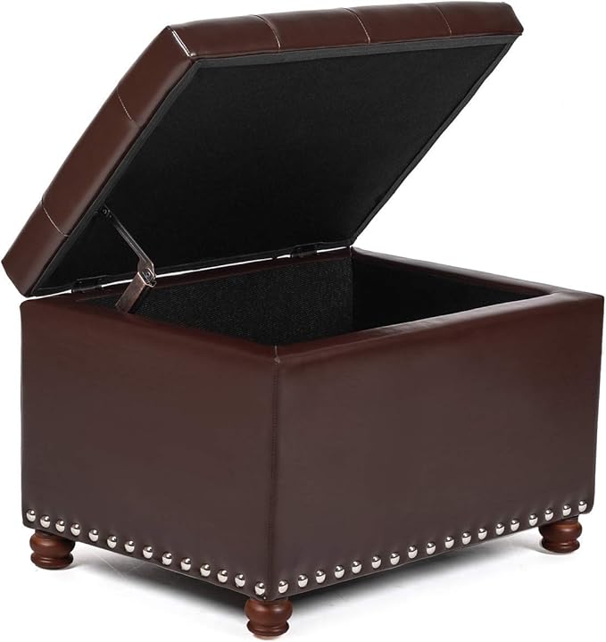 Leather Storage Ottoman Bench Foot Rest Stool with Nailhead Trim (Dark Brown - Button Tufted Leather)-Ruum Studio Home