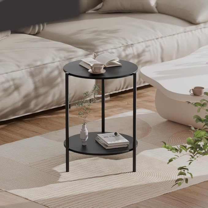 Side Table, Round End Table with 2-Layer Storage Rack, 15.7" Small Spaces Circle Table, Metal Frame Design Small Side Tables, for Living Room, Bedroom, Black-Ruum Studio Home