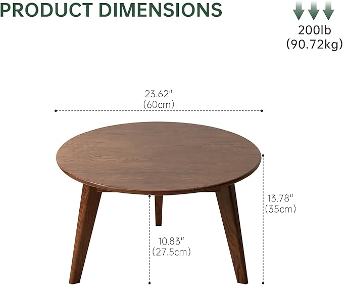 100% Solid Oak Wood Mini Coffee Table, Round Living Room Table Side Table w/Solid Wood Legs, Walnut Mid Century Sturdy Tables for Bedroom Balcony Living Room (23.62" D x 13.78" H)-Ruum Studio Home