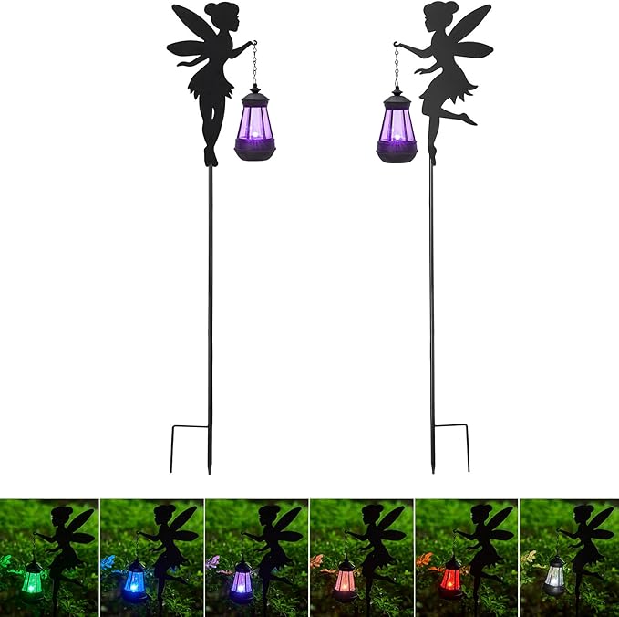 Fairy Garden Accessories Lawn Ornaments 1 Pair - Solar Lights Halloween Decorations Outdoor Garden Statue, Metal Stakes Decorative Figurines for Yard Decor, Patio (Type B Color-Shifting Lighting)-Ruum Studio Home