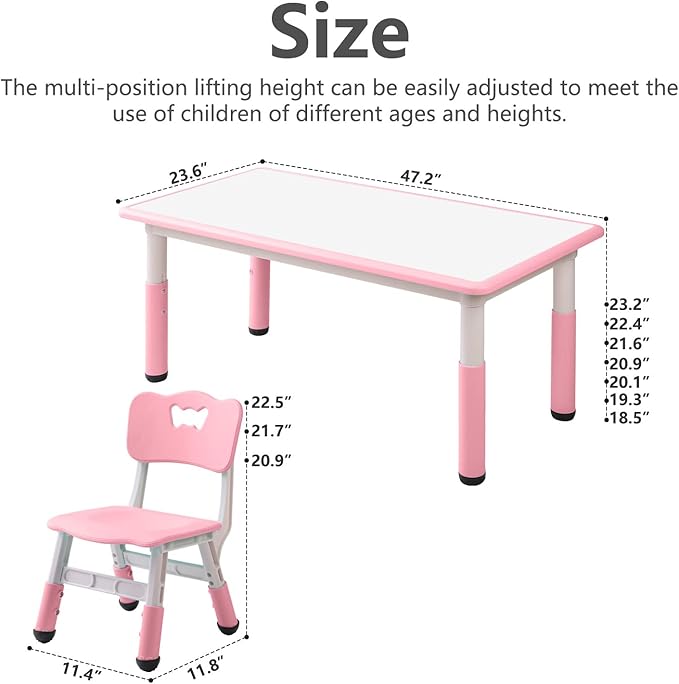 Children's Table and Chair Set Suitable for Boys and Girls Age 2-12 Height Adjustable Table top Can be Painted with 6 Seats Suitable for Family Learning Daily use (Pink)-Ruum Studio Home