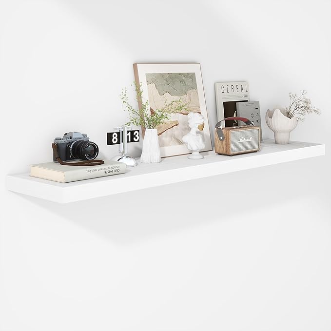 Fun Memories Floating Shelves - 12 Inch Rustic Wooden Wall Shelves - Extra Deeper & Thicker Wall Mounted Storage Shelf for Living Room, Kitchen, Farmhouse - 55" W x 12" D x 1.8" H - White-Ruum Studio Home