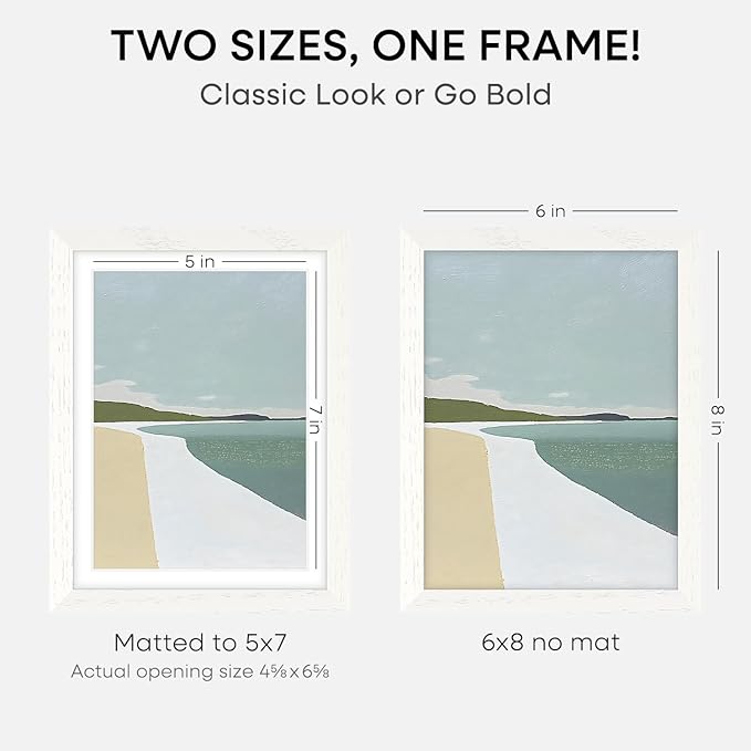 Homeforia 6x8 Picture Frame White, High End Oak 8x6 Wooden Frames with Mat 7x5 Print, 6 x 8 White Wood Frame Matted to 5 x 7 inch Photo, 6by8 Wall or Tabletop Frame, Tempered Glass, Wall Kit, Set of 1-Ruum Studio Home