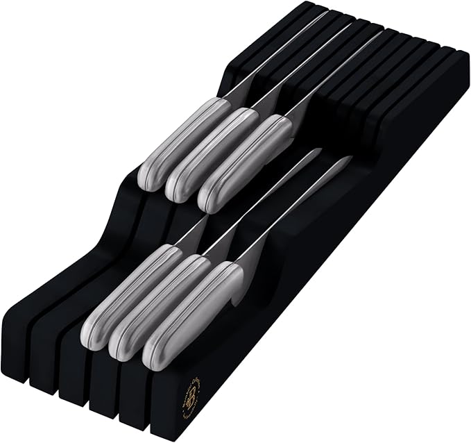 In-Drawer Knife Block - Bamboo Knife Drawer Organizer for Kitchen - Fits 5 Long + 6 Short Knives | Store Knives with Blades Pointing Down - Wooden Steak knife Holder without Knives (Black)-Ruum Studio Home