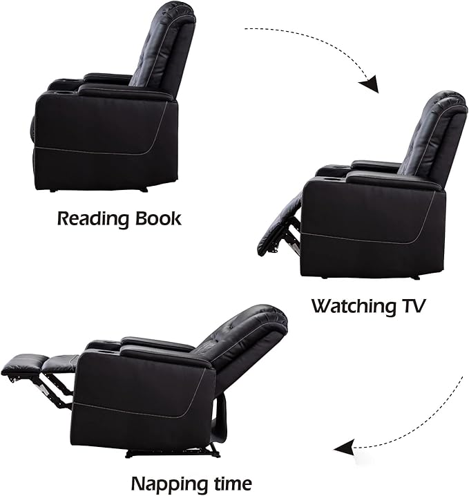CANMOV Electric Power Recliner Chair with USB Ports and Cup Holders, Breathable Leather Home Theater Seating with Hidden Arm Storage (Black)-Ruum Studio Home
