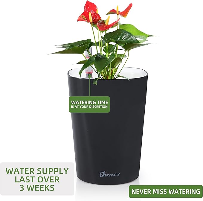 Dexceder 6x7 Self Watering Planter Indoor Outdoor, High Gloss Table Flower Plant Pot with Water Level Indicator (Black)-Ruum Studio Home