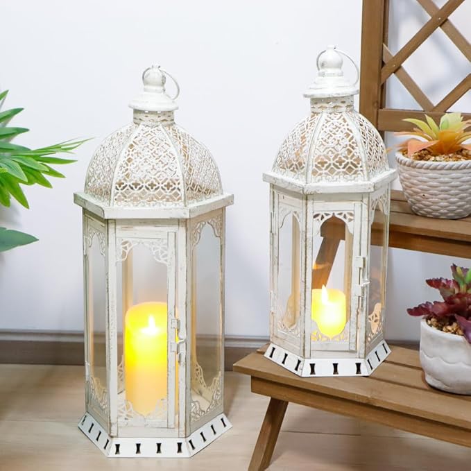 JHY DESIGN Set of 2 Decorative Candle Lanterns 22"&17" H Outdoor Vintage Metal Candle Holder for Garden Living Room Indoor Parties Weddings Patio Home Decor(White with Gold Brush)-Ruum Studio Home