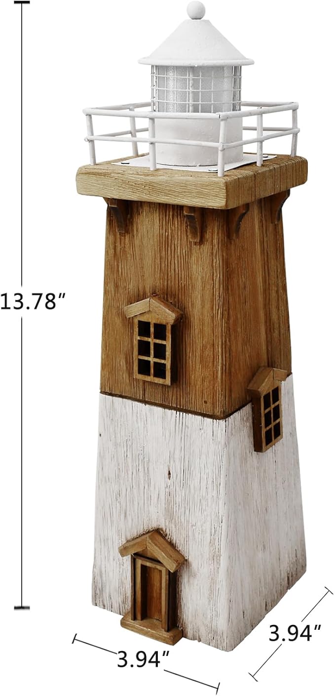 Linfevisi Wood Lighthouse Decor Rustic LED Light House Decor Wooden Decorative Nautical Lighthouse Statue Coastal Beach Themed Lighthouse Handcrafted Tabletop Decoration Home Bathroom (13.78")-Ruum Studio Home