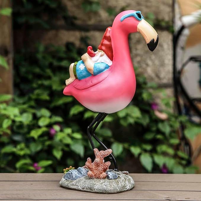 Gnome Garden Statue Funny Gnome Reclining on Flamingo Dwarf Figurines Resin Garden Gnomes Fall Decorations Outdoor for Patio Yard Lawn Porch Housewarming Ornament Gift-Ruum Studio Home