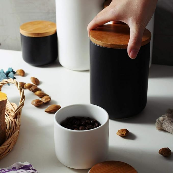 MilkyWay Food Storage Jar Strong Ceramic Storage Canisters with Airtight Seal Bamboo Lid Modern Design Seal Damp-Proof Kitchen Jar for Coffee, Tea, Spice and More (White(L: 34oz/1000ml))-Ruum Studio Home