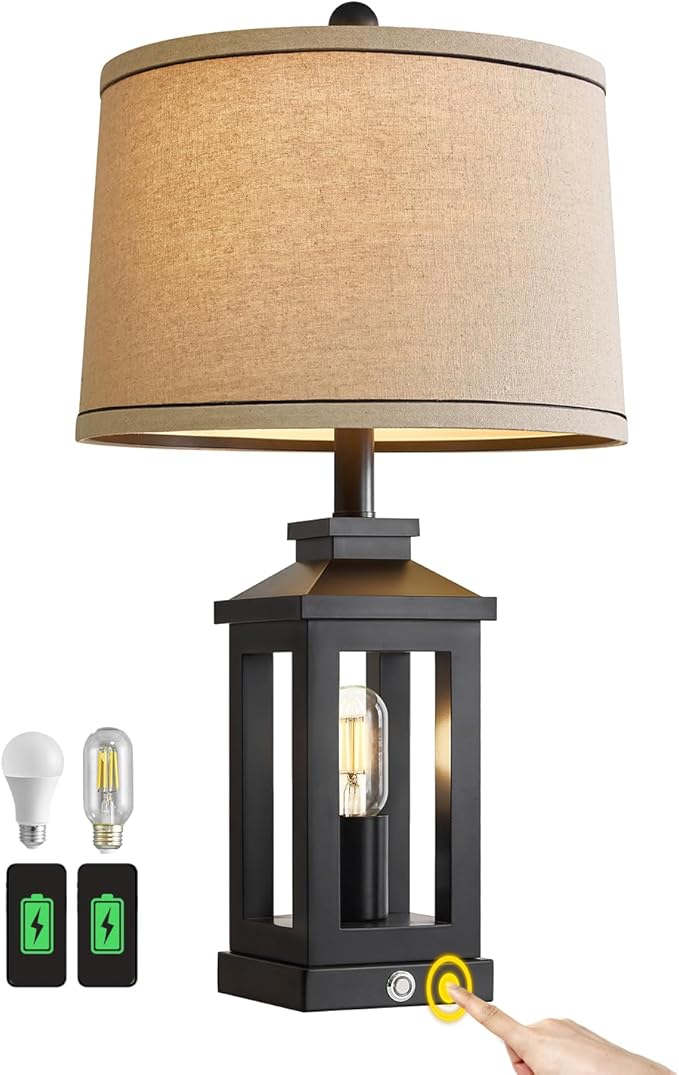 23.75" Retro Farmhouse Black Table Lamp for Living Room Bedroom Nightstand Single Pack Touch Control Bedside Nightlight Vintage Modern Lamp with USB C+A Ports and 2 Light Sources-Ruum Studio Home