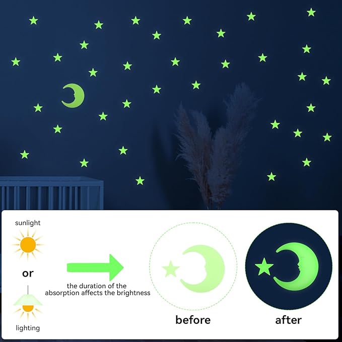 100 Stars and 1 Moon Glow in The Dark Luminous Fluorescent 3D Plastic Glow Stars Moon for Ceiling, Glowing Wall Stickers Create a Realistic Starry Sky, Room Decorations (Green)-Ruum Studio Home