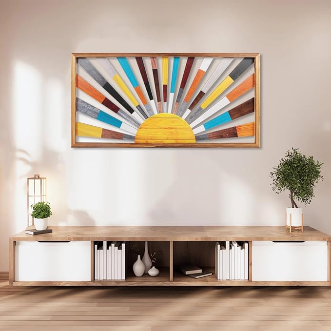 IARTTOP Large Boho Sun Wall Art Framed Wooden Art Wall Decor Rainbow Sun Rising On The Horizon Geometric Line Sunshine Wall Art for Living Room Bedroom Office 16"x32"-Ruum Studio Home