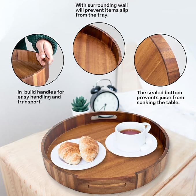 Round Wood Serving Trays Set of 2, Ottoman Tray Rustic Acacia Wooden Trays with Handles, Nesting Circle Tray with 4 Coasters for Coffee Table Living Room Bathroom Bedroom Party-Ruum Studio Home
