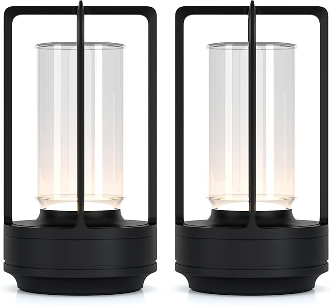 Portable Metal Table Lamp for Indoor/Outdoor ,Rechargeable Cordless LED Lamp, 3-Colour Infinitely Dimming Battery Powered Small Desk Lamp, Restaurant/Bedroom/Bar/Coffee/Camping Light (Black Set of 2)-Ruum Studio Home