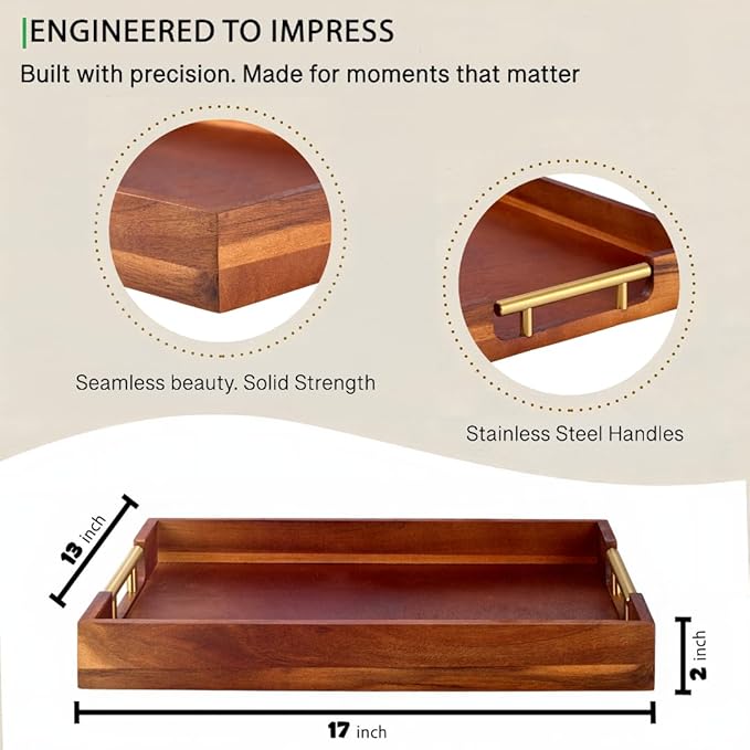 Premium Acacia Wood Ottoman Tray, 17x13 inches Large Serving Tray, Decorative Coffee Table Tray with Metal Handles, Ideal for Breakfast in Bed, Appetizers, Kitchen & Living Room Decor-Ruum Studio Home