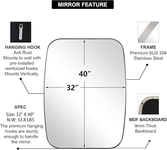 ANDY STAR Brushed Nickel Oblong Mirror, 32x40 Inch Brushed Nickel Oval Mirror for Bathroom with Stainless Steel Metal Frame, Wall Mouned for Bathroom, Living Room, Entryway-Ruum Studio Home