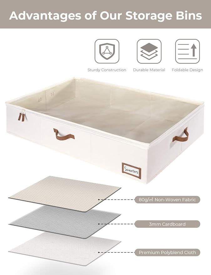 StorageWorks 117L Under Bed Storage Containers with Handles and Label Holder, 2 Pack Ultra-thick Fabric Underbed Bins, Closet Organizer for Clothes, Blankets, Sweater-Ruum Studio Home