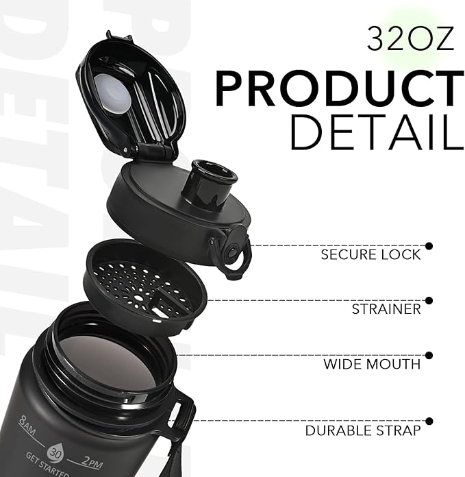 32oz Motivational Water Bottles with Time Marker & Fruit Strainer, Transparent Gradient Color Water Bottle with Times to Drink, Leakproof & BPA Free, Reusable Bottle with Strap (No Straw)-Ruum Studio Home