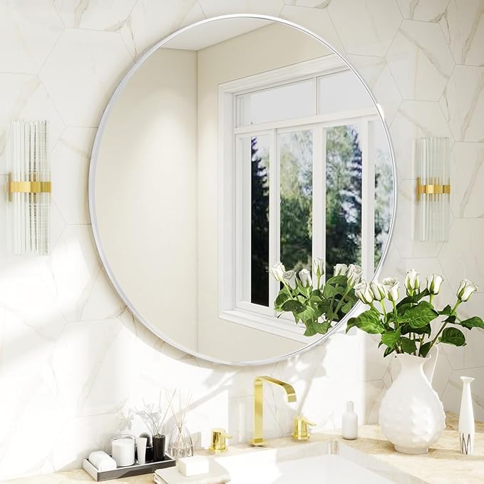BEAUTYPEAK 24 Inch Round Mirror, Metal Frame Circle Mirror, Wall Mounted for Entryway, Bathroom, Vanity, Living Room, White-Ruum Studio Home