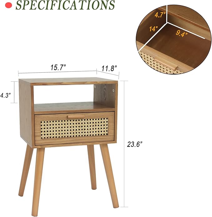 MaxSmeo Mid Century Modern Nightstand with Drawer, Small Nightstand Bedside Table, Rattan Nightstand, Wood End Table for Bedroom, Living Room (Brown)-Ruum Studio Home