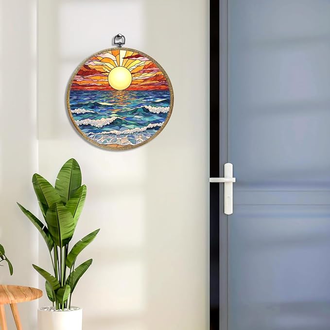 Colorful Boho Waves on The Beach Sunset Gifts for Sunset Lovers Framed Round Wall Decor Canvas Wall Art Hanging Prints Artwork for Home Nursery Bathroom Bedroom Living Room Decorations 10.2X10.2 Inch-Ruum Studio Home