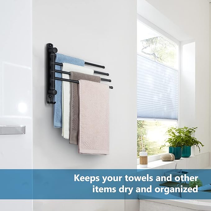 Black Towel Rack JSVER Swivel Towel Rack Wall Mounted, SUS304 Stainless Steel Towel Bar, 4 Arms Space Saving Towel Holder, Towel Racks for Bathroom-Ruum Studio Home