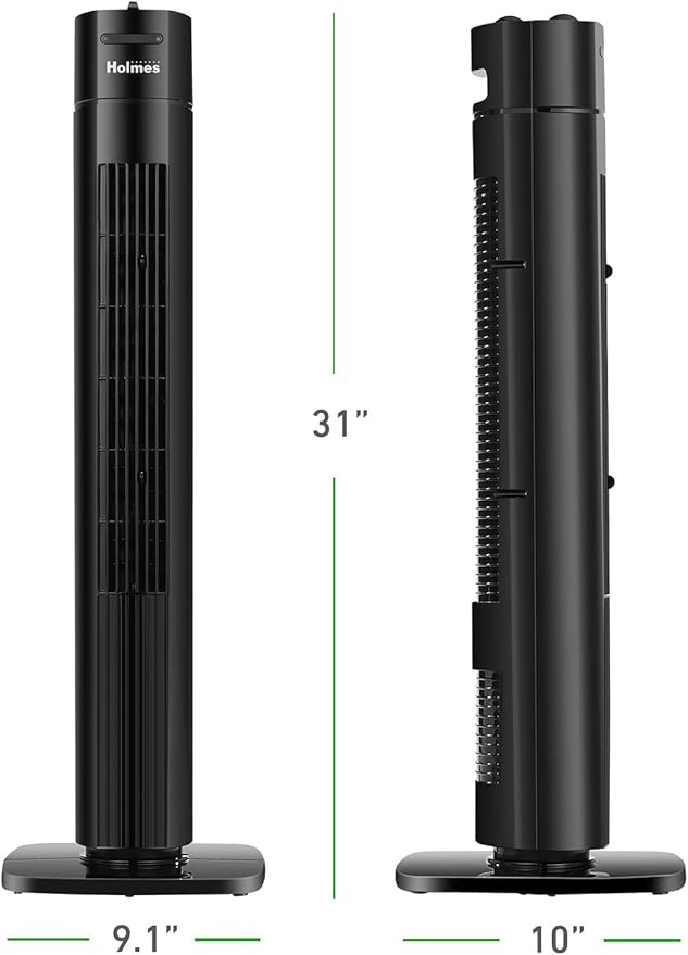 Holmes 31" Manual Tower Fan, 70° Oscillation, 3 Speeds, 2-Hour Auto Shut-Off Timer, Adjustable Vents, Compact and Slim Profile, Carry Handle, Ideal for Cooling your Home, Bedroom or Office, Black-Ruum Studio Home